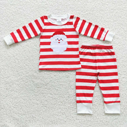 Embroidery Santa Sibling Baby Boys Stripes Shirt Top Pants Christmas Pajamas Sets