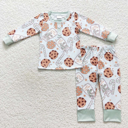 Sibling Baby Kids Cookie Candy Cane Top Pants Christmas Pajamas Sets Zipper Footie Rompers