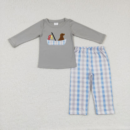 Sibling Baby Boys Long Sleeve Embroidery Dogs Ducks Fishing Pants Hunting Clothes Sets
