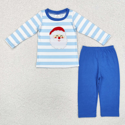 Embroidery Santa Sibling Baby Boys Stripes Shirt Top Pants Christmas Pajamas Sets