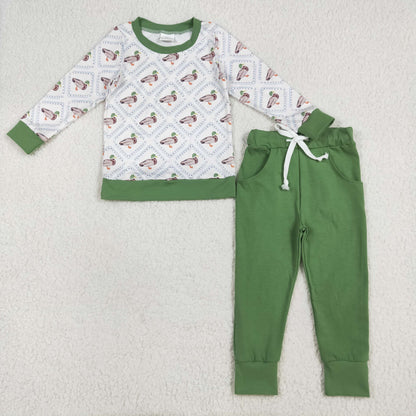 Sibling Baby Boys Long Sleeves Green Ducks Plaid Top Pants Western Set