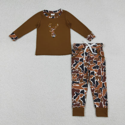 Sibling Baby Boys Embroidery Brown Camo Deer Pockets Pant Short Hunting Clothes Sets