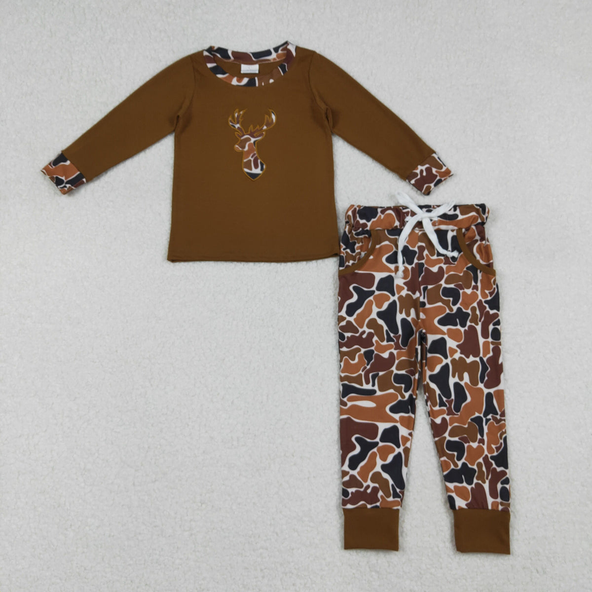 Sibling Baby Boys Long Sleeve Embroidery Deer Ducks Fishing Pants Hunting Clothes Sets