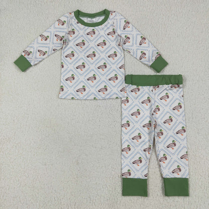 Sibling Baby Boys Long Sleeves Green Ducks Plaid Top Pants Western Set