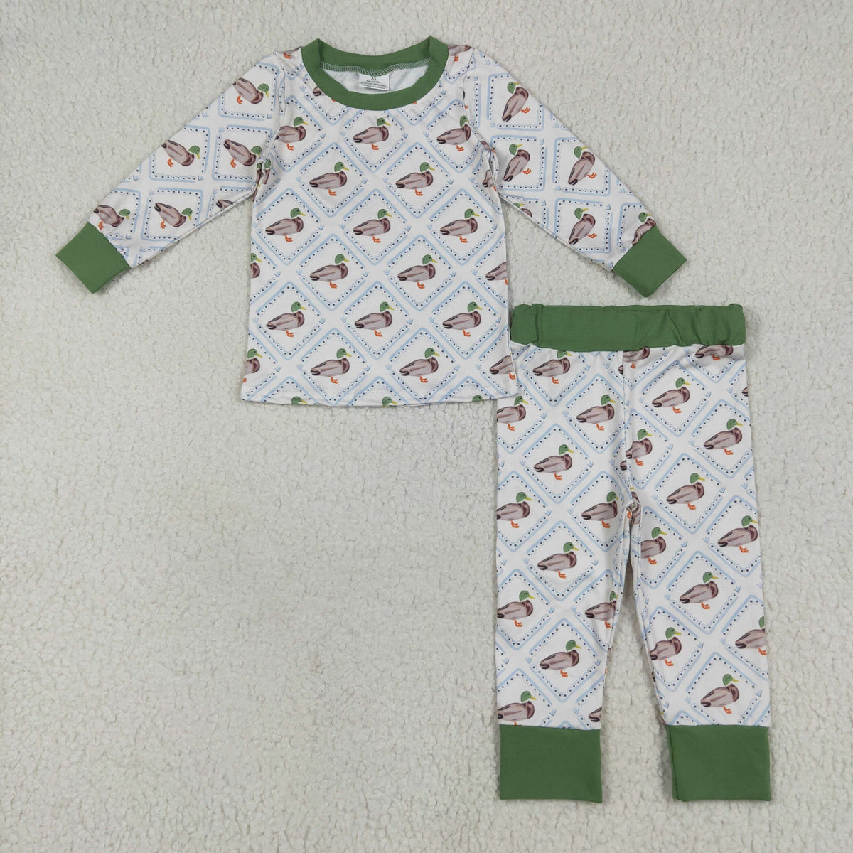 Sibling Boys Green Ducks Checked Pajamas Clothes Sets Zipper Rompers Blankets