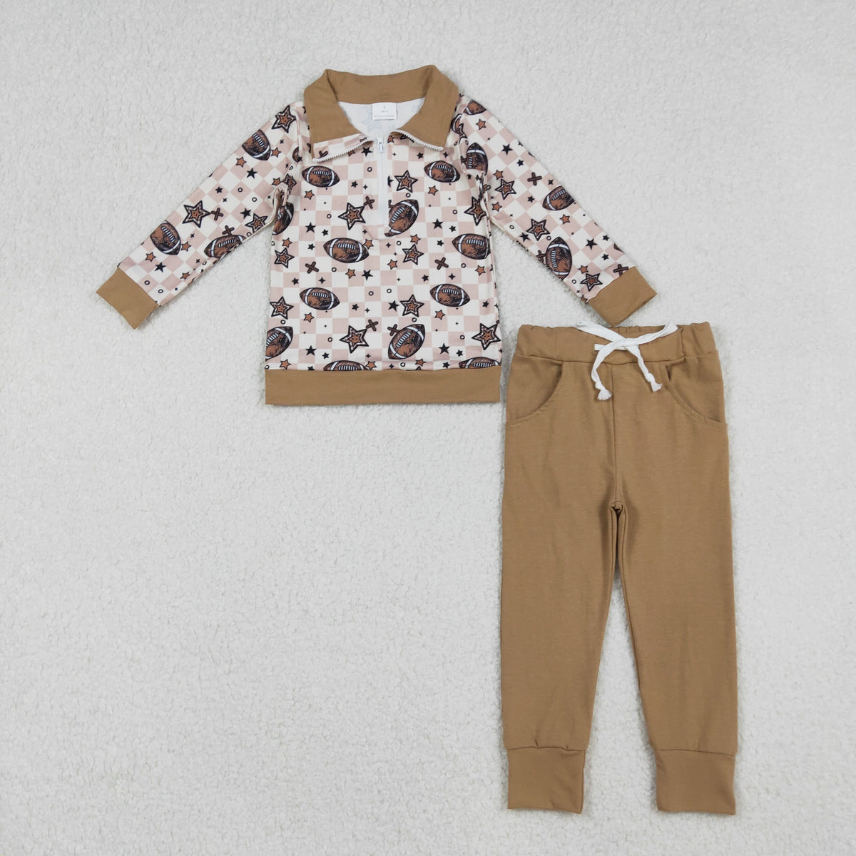 Sibling Baby Boys Girls Khaki Checked Footballs Pullovers Pockets Pants Team Clothes Sets Zipper Footie Rompers