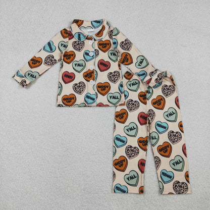 Sibling Baby Girls Valentines Hearts Button Top Pant Pajamas Sets