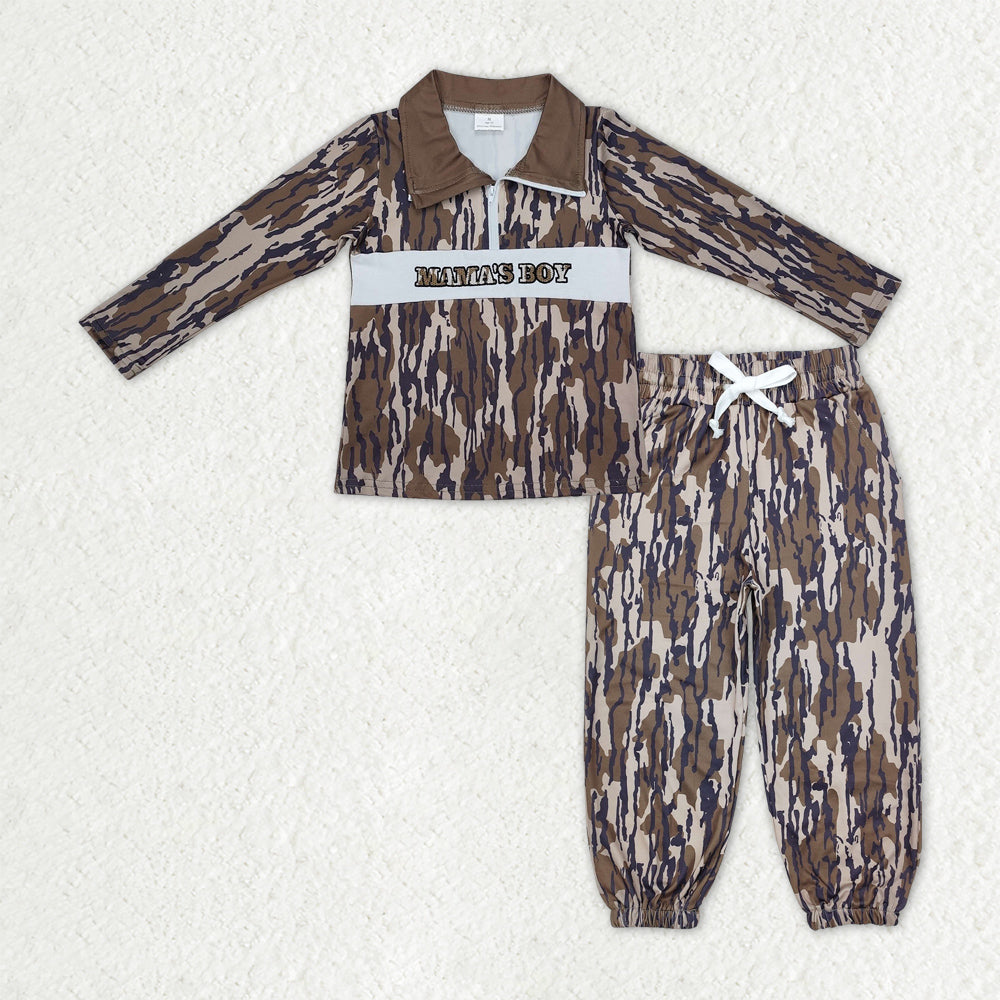 BLP1322 Baby Boys Olive Camo Embroidery Mama's Boy Zipper Pullover Pockets Jogger Clothes Sets