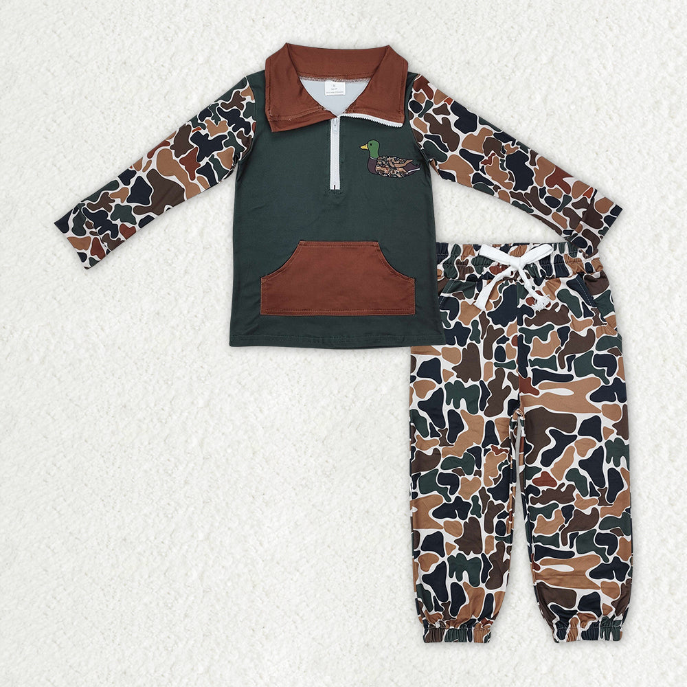 BLP1324 Baby Boys Dark Brown Camo Embroidery Ducks Zipper Pullover Pockets Jogger Hunting Clothes Sets