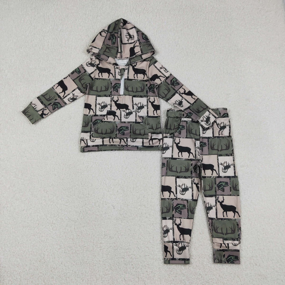 BLP1368 Baby Boys Deer Fishes Zip Pockets Hoodies Jogger Pants Hunting Clothes Sets