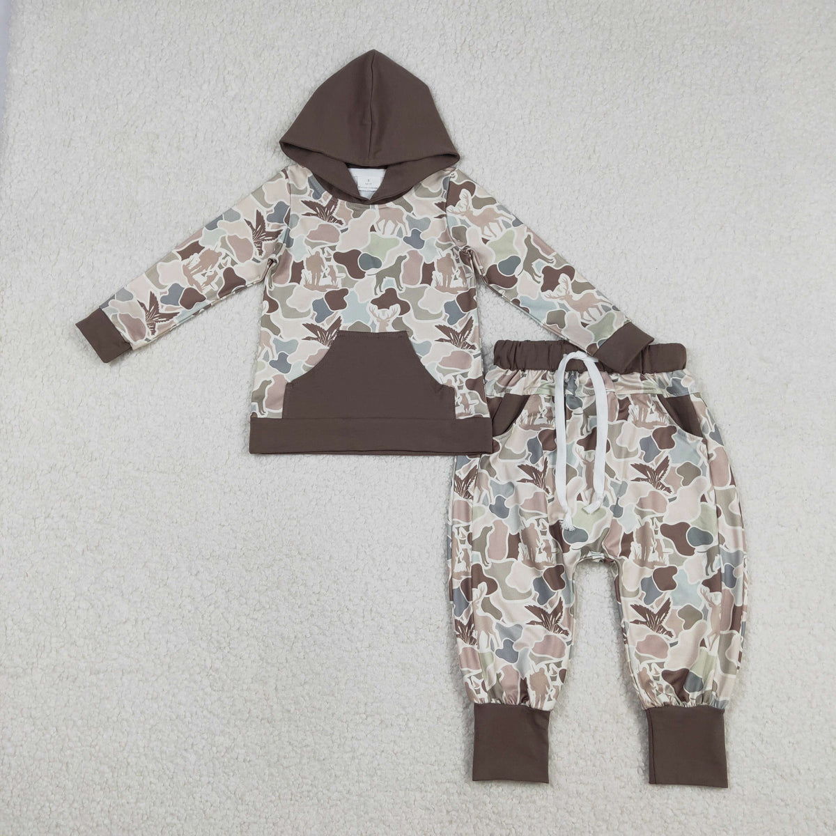Sibling Baby Boys Dogs Ducks Brown Camo Pocket Hoodie Joggers Hunting Clothes Sets
