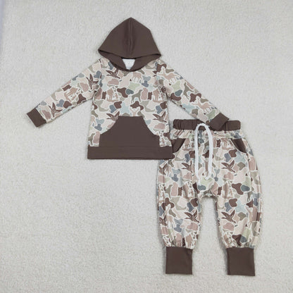 Sibling Baby Boys Dogs Ducks Brown Camo Pocket Hoodie Joggers Hunting Clothes Sets