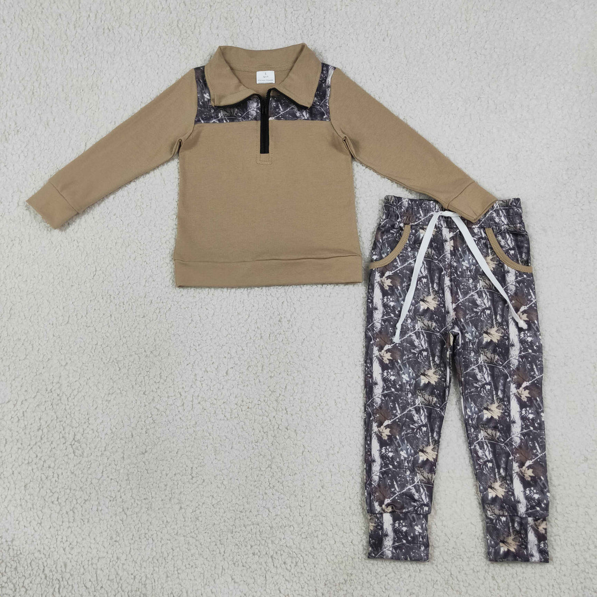 BLP1446 Baby Boys Khaki Zip Pullovers Leaves Camo Pockets Joggers Clothes Sets