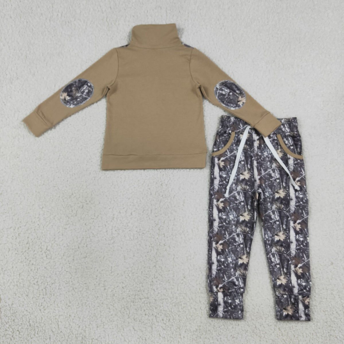 BLP1446 Baby Boys Khaki Zip Pullovers Leaves Camo Pockets Joggers Clothes Sets