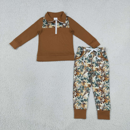 BLP1447 Baby Boys Brown Zip Pullovers Leaves Camo Pockets Joggers Clothes Sets