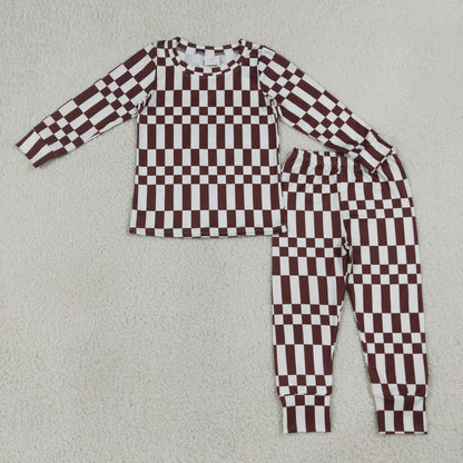Sibling Baby Boys Long Sleeves Brown Checked Top Pant Fall Pajamas Set Zip Rompers