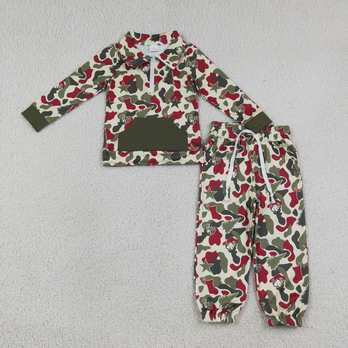 BLP1486 Baby Boys Green Red Camo Trees Zip Pullovers Pockets Joggers Christmas Sets