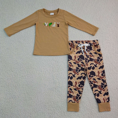 Sibling Baby Boys Long Sleeve Embroidery Deer Ducks Fishing Pants Hunting Clothes Sets