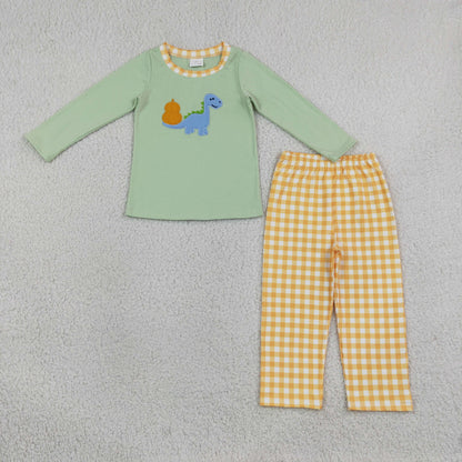 Sibling Baby Boys Embroidery Dinosaur Pumpkins Checked Pant Fall Clothes Set Rompers