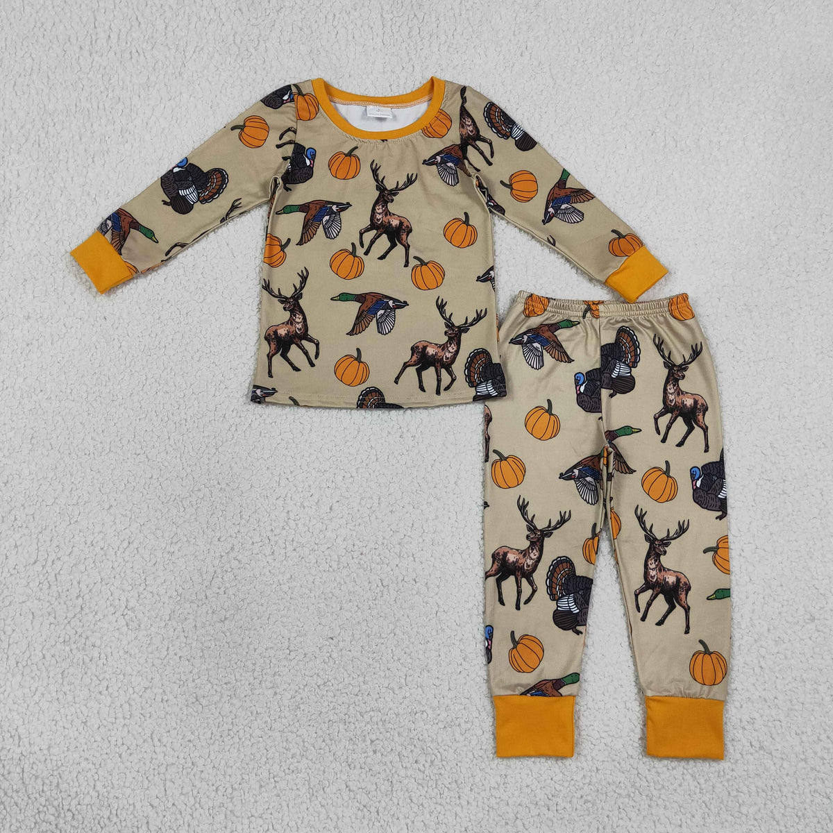 BLP1556 Baby Boys Ducks Deer Turkey Pumpkins Top Pant Thanksgivibgs Pajamas Set