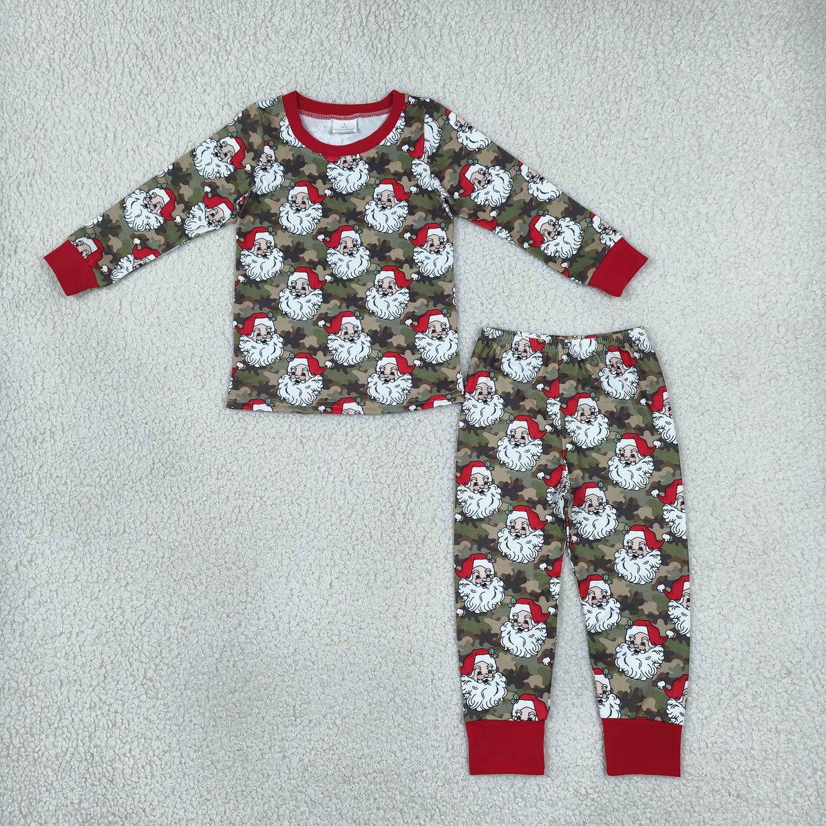 BLP1600 Baby Boys Long Sleeve Green Camo Santa Top Pant Christmas Pajamas Set