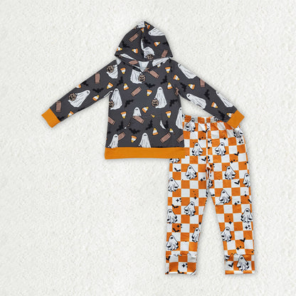 Sibling Baby Boys Orange Button Top Bats Ghosts Pant Halloween Clothes Set Hoodie Top