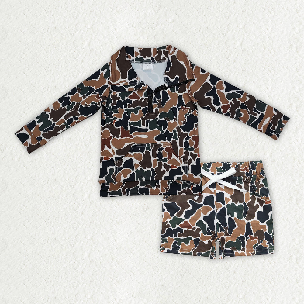 Sibling Baby Boys Long Sleeve Camo Zipper Pullover Pockets Shorts Southern Clothes Set