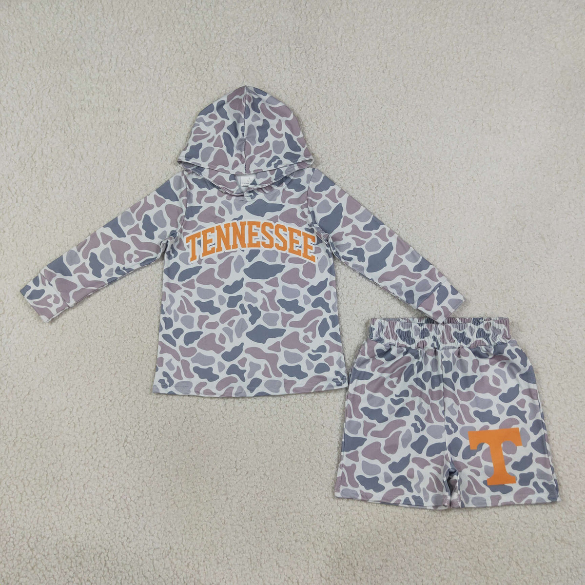 BLS0042 Baby Boys Light Green Camo Tennessee Hoodie Pockets Short Team Clothes Set
