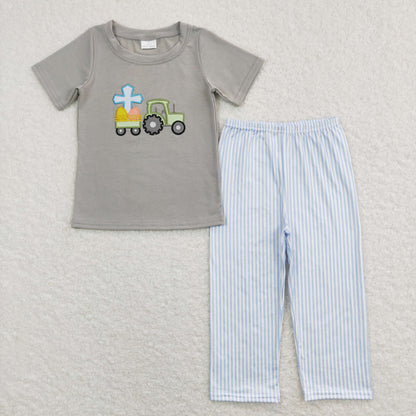 Sibling Baby Kids Embroidery Rabbits Eggs Jesus Top Pants Easter Clothes Set