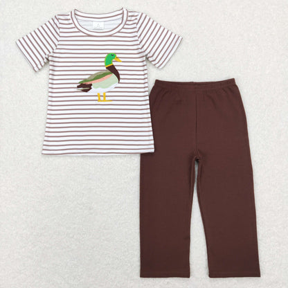 Sibling Baby Boys Girls Embroidery Ducks Stripe Top Hunting Clothes Sets Pant Rompers