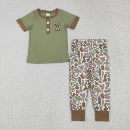 Sibling Baby Boys Girls Embroidery Camo Rabbits Shorts Pants Easter Clothes Sets Rompers