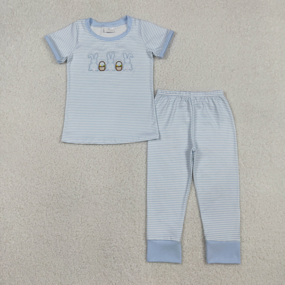 BSPO0610 Baby Boys Embroidery Rabbits Eggs Blue Stripe Top Pants Easter Clothes Sets
