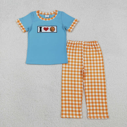 Sibling Baby Boys Embroidery I Love Balls Top Checked Pants Team Clothes Sets