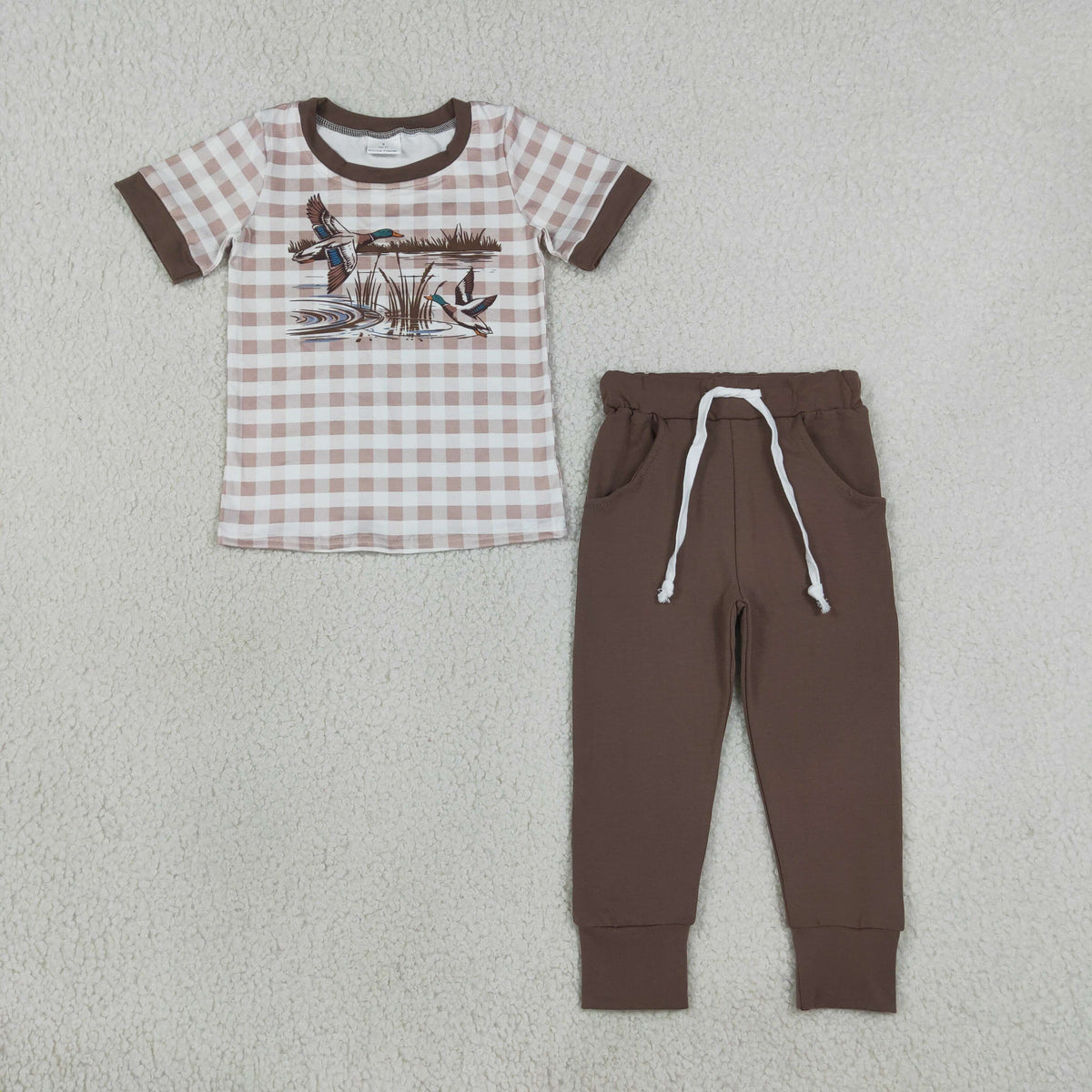 Sibling Baby Boys Short Sleeves Ducks Checked Top Pockets Jogger Hunting Clothes Sets
