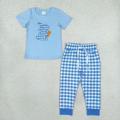 Sibling Baby Boys Embroidery Blue Checked Rabbit Carrot Jogger Easter Clothes Set Rompers