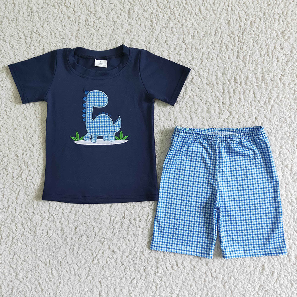 Sibling Baby Boys Back To School Embroidery Dinosaurs Summer Shorts Sets