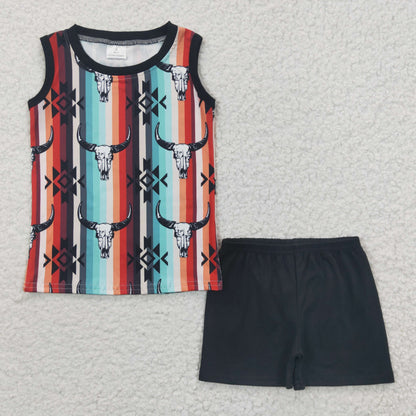Sibling Baby Boys Western Highland Cows Aztec Sleeveless Tee Shirts Shorts Sets