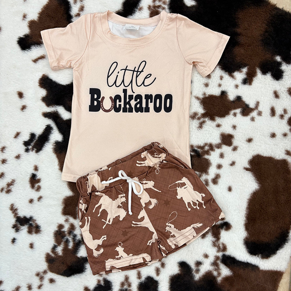 BSSO0229 Bbay Boys Little Buckaroo Horse  Rodeos Top Shorts Western Clothes Sets