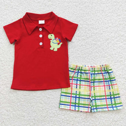 Sibling Baby Boys Back To School Embroidery Dinosaurs Summer Shorts Sets