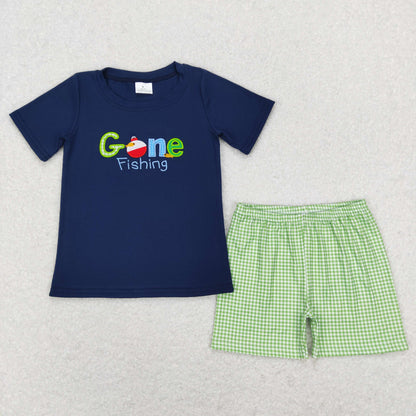 Sibling Baby Boys Short Sleeve Embroidery Fishing Top Shorts Hunting Clothes Sets