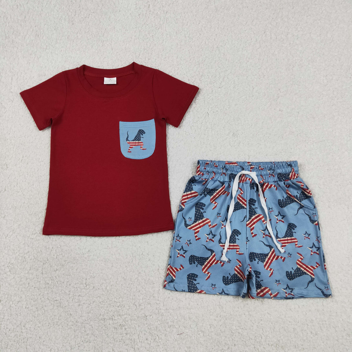 BSSO0519 Baby Boys Flags Dinosaurs Pocket Top Short 4th of July Clothes Set