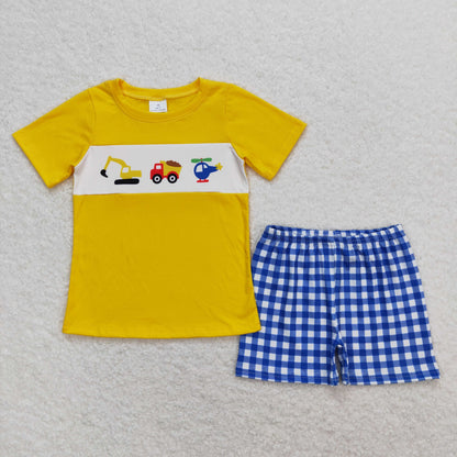 Sibling Baby Boys Embroidery Cars Planes Top Pockets Short Clothes Sets
