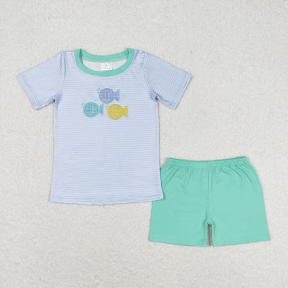 Sibling Baby Boys Short Sleeve Embroidery Fishing Top Shorts Hunting Clothes Sets