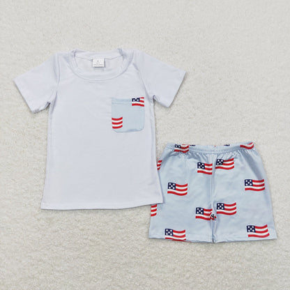 2 Colors Sibling Baby Boys 4th of July Flags Pocket Shirts Shorts Outfits
