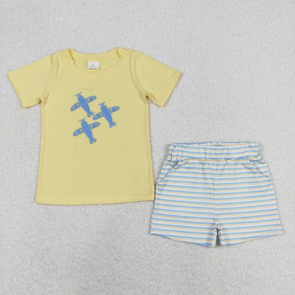 Sibling Baby Boys Embroidery Cars Planes Top Pockets Short Clothes Sets