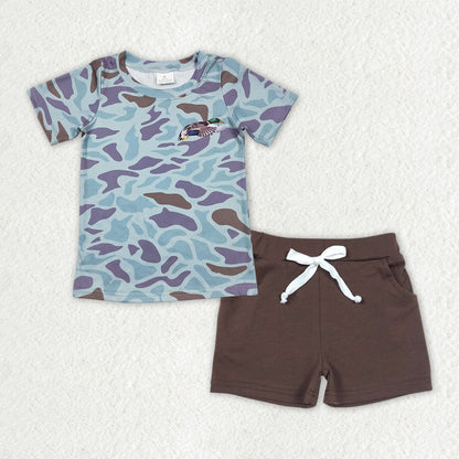 Sibling Baby Boys Short Sleeve Ducks Deer Top Pockets Short Hunting Clothes Sets