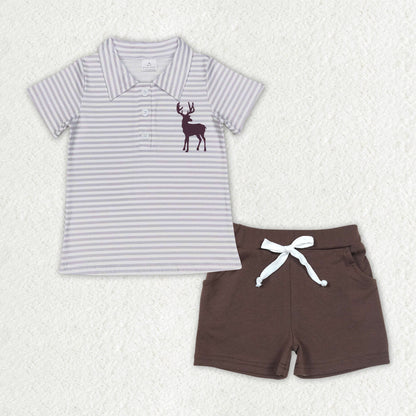 Sibling Baby Boys Deer Aztec Print Button Polo Shirts Pockets Short Western Set