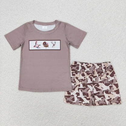 Sibling Baby Boys Short Sleeve Ducks Deer Top Pockets Short Hunting Clothes Sets