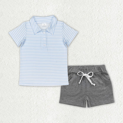 Sibling Baby Boys Stripe Plaid Pocket Button Polo Shirts Pockets Short Clothes Set