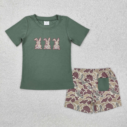 Sibling Baby Boys Girls Embroidery Camo Rabbits Shorts Pants Easter Clothes Sets Rompers